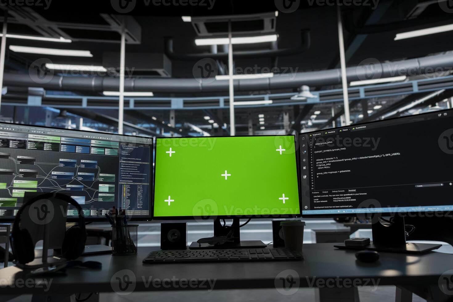 Green screen computer monitors in empty data center used to identify infrastructure malfunctions. Machine learning tech on chroma key PCs in server farm used to detect hardware failures photo