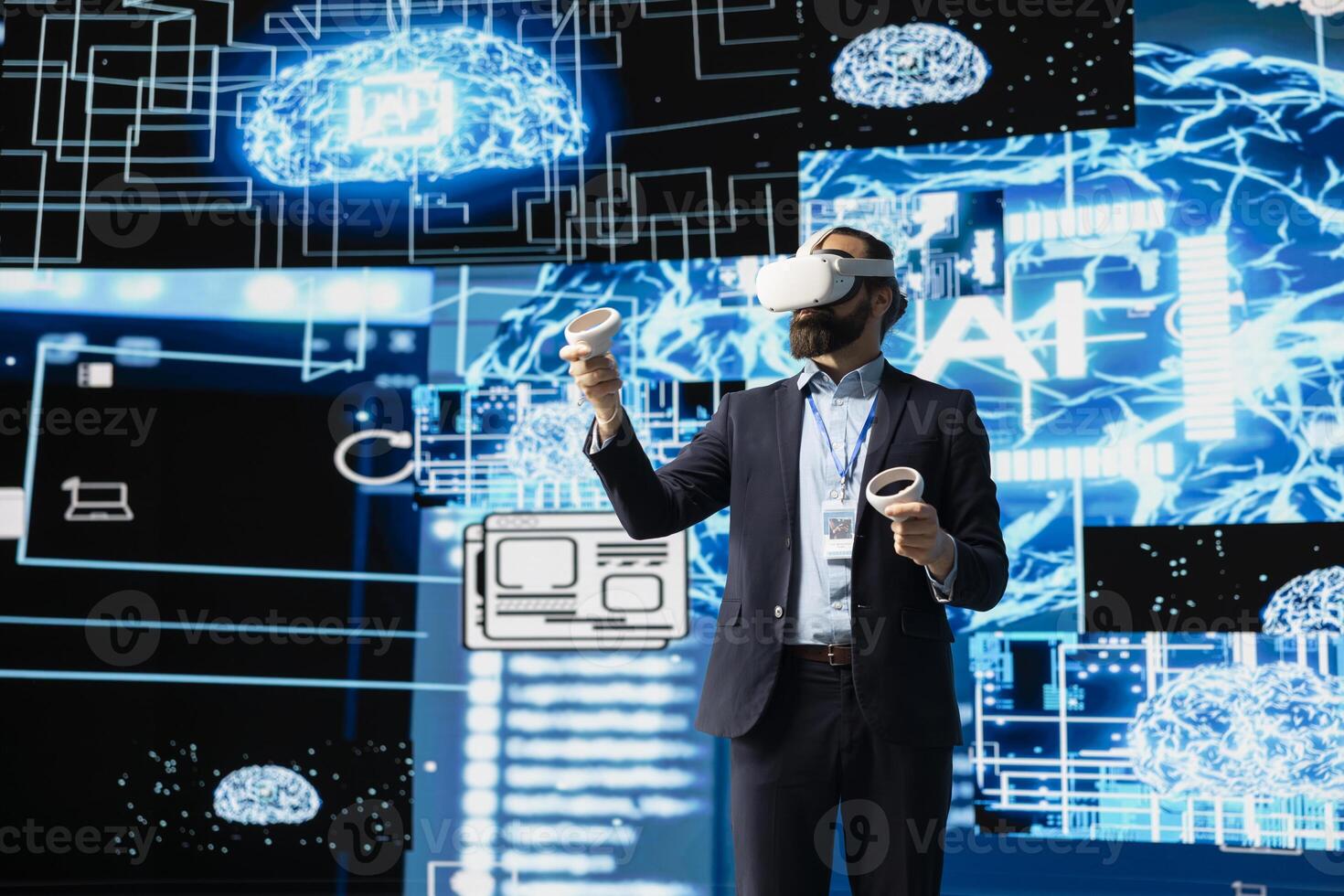 Modern businessman uses virtual reality gadget next to neural network system, using cybernetics and robotics for deep learning concept. Using AI brain automation tools for development. photo