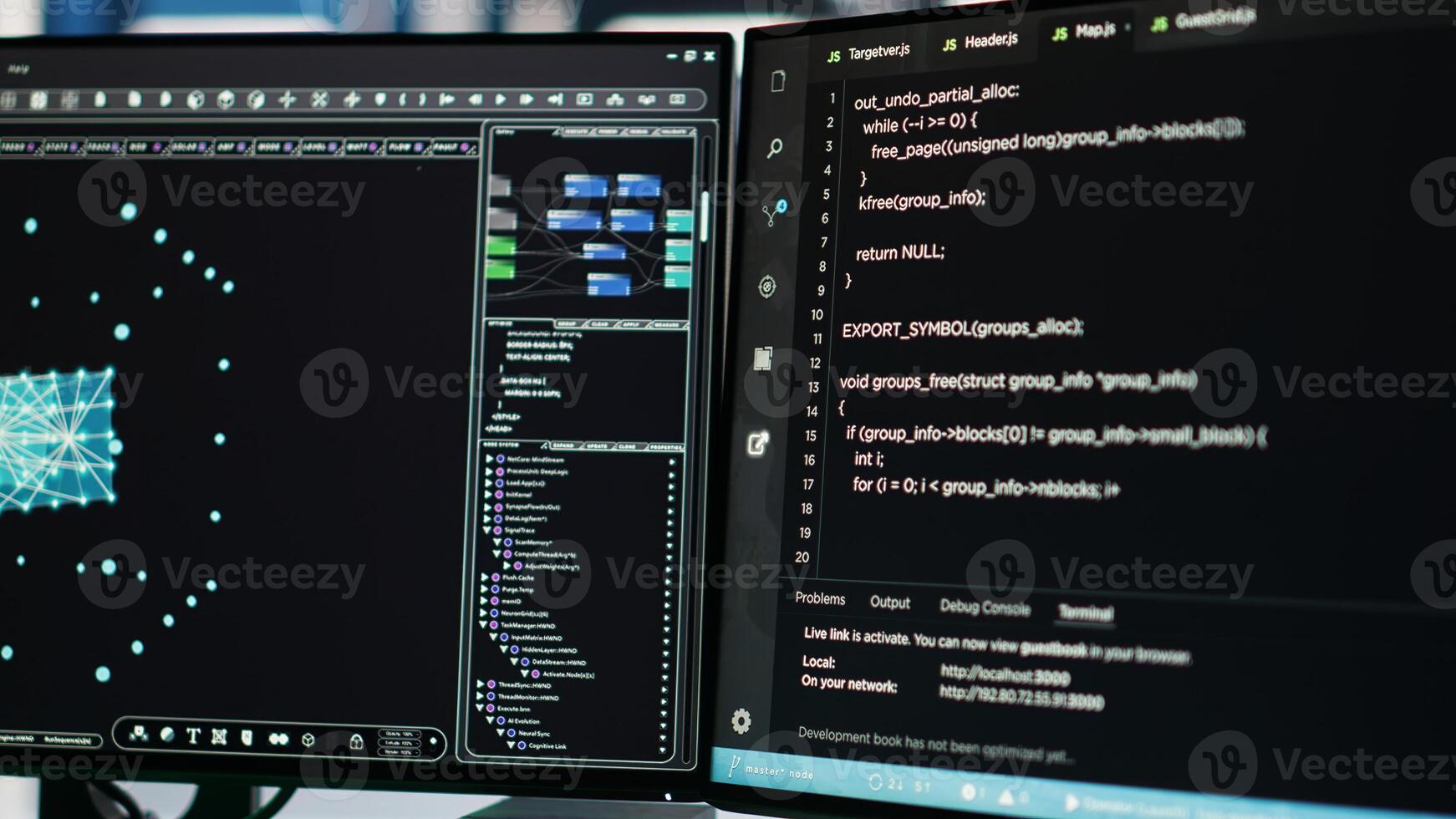 Computer systems controlling network resources through AI visualization dashboards and node tree programming software, mapping infrastructure connections, close up shot photo