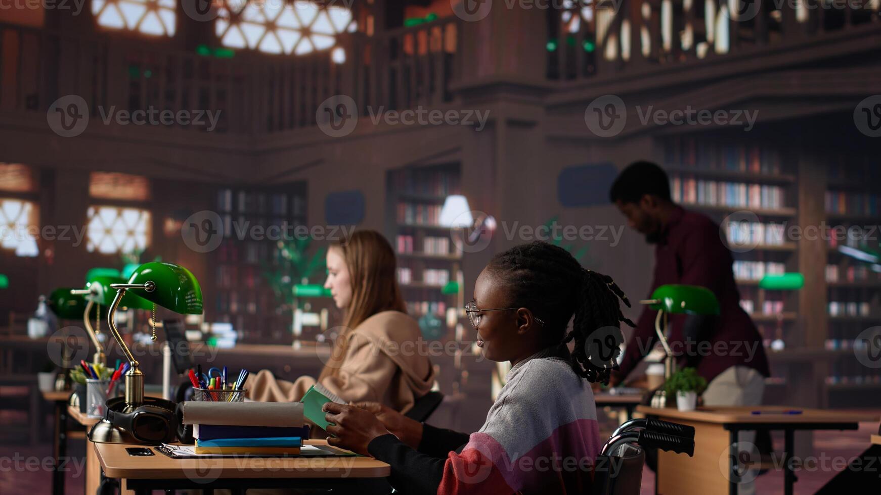 Girl pushing her colleague with physical impairment through the library, studying for a new exam with academic materials from the campus database. African american student in wheelchair. Camera A. photo