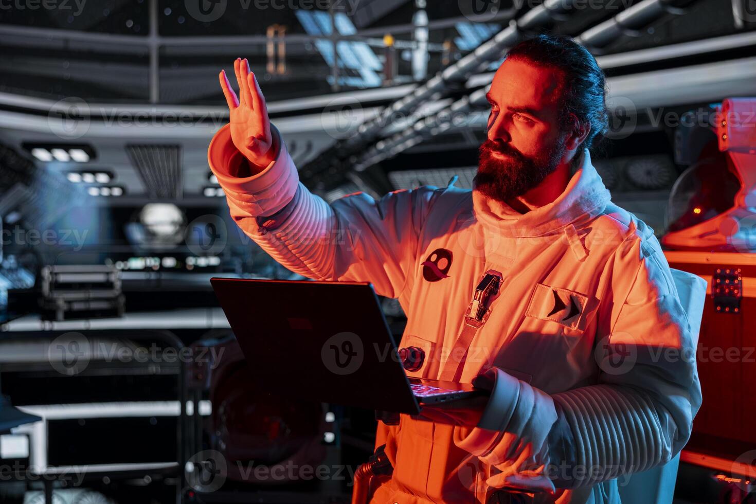 Spaceship crew member stressed by unknown hull breach causing alarm to sound. Worried cosmonaut reacts to system failure as radiation spike triggers emergency red lights inside orbital cockpit photo