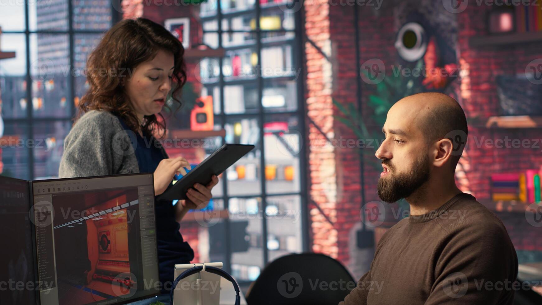 Game developer creates Mars based virtual station using AI tools. Futuristic program processes data with deep learning and automation to optimize game design and development. Camera B. photo