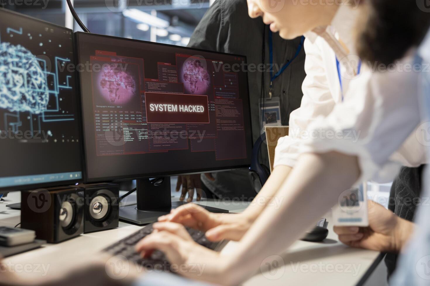 Close up of engineering team reviewing AI systems warnings after detecting irregular network activity patterns. Teamworking colleagues evaluating threats using artificial intelligence detection tools photo