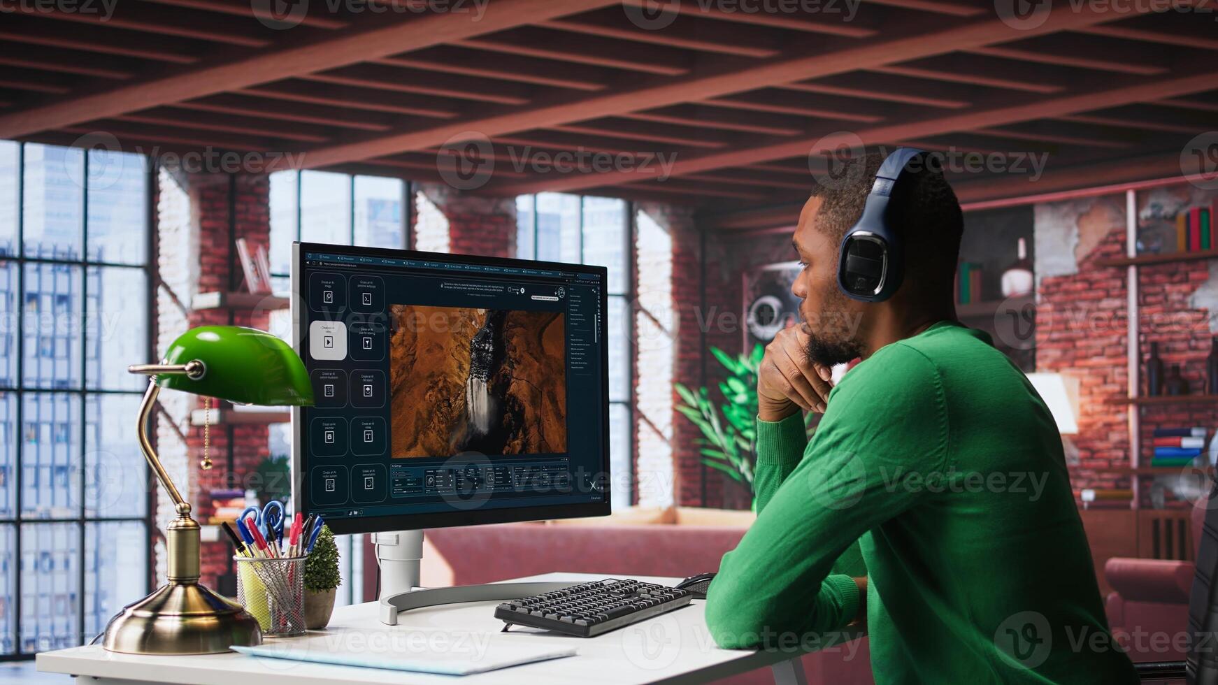 Videographer editor creates AI art materials using text to software, writing a text prompt on chatbot interface to generate a with artificial intelligence. Visual design. Camera B. photo
