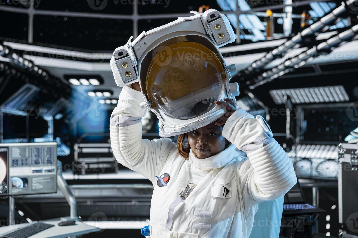 Portrait of female cosmonaut putting on cosmic gear helmet, preparing for planetary mission outside. African american woman in orbital station beginning landing procedures on solar system planet photo