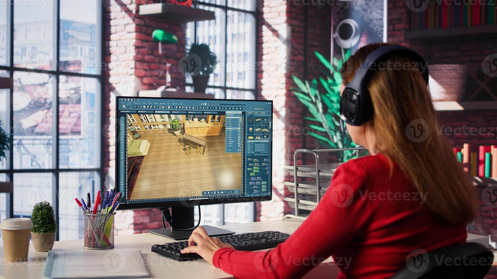 Woman at home creating 3D render of apartment interior layout, utilizing architectural software. Developer uses digital tools to decorate detailed home design, placing assets. Camera B. photo