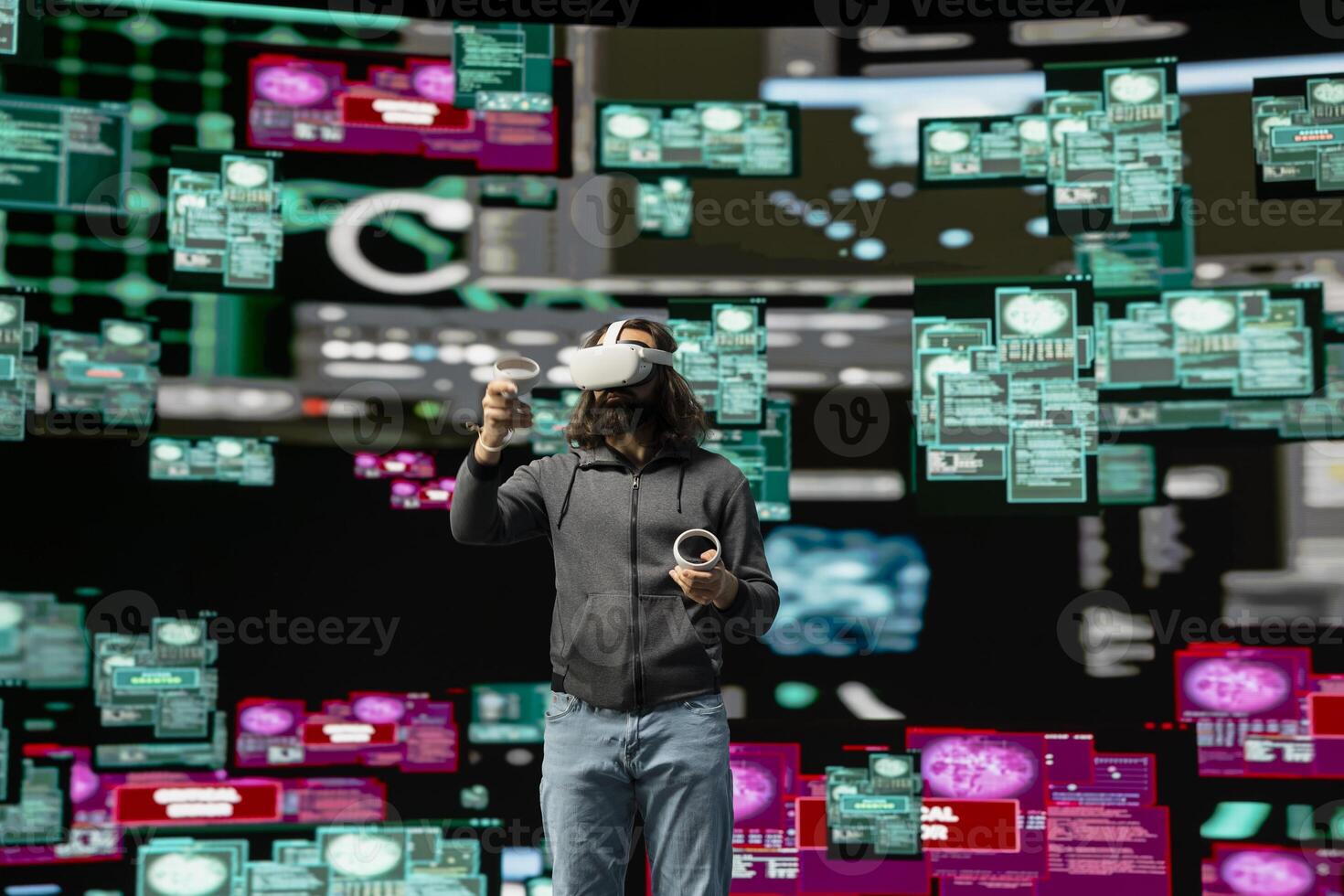 Hacker bypasses network security and engages in cyber crime with vr headset, programming code for data breach and system override. Covert cyber operations through infiltration. photo