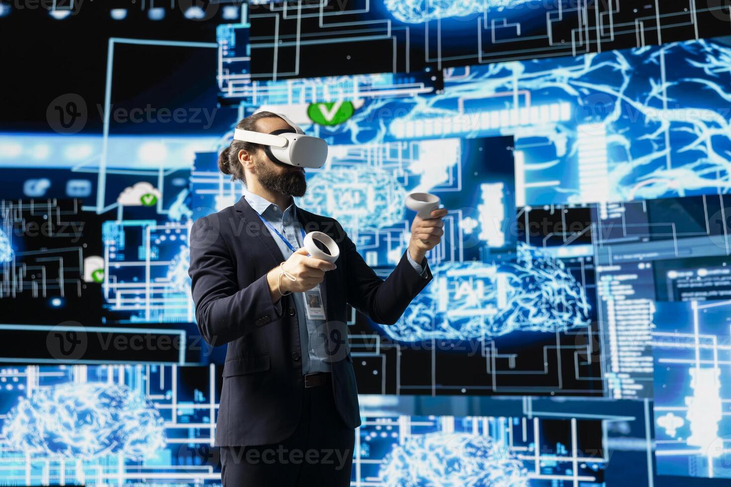 High tech expert uses vr glasses next to neural network AI brain system, using predictive analytics and cybernetics for machine learning concept. Cloud computing automation tools for innovation. photo