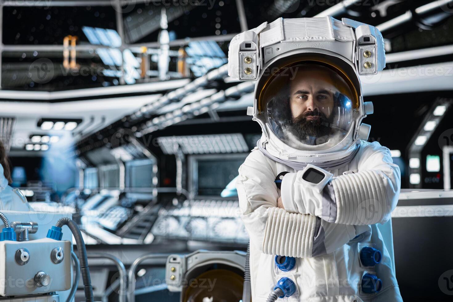 Portrait of astronaut wearing equipment helmet inside space station preparing for planetary mission outside. Man in spaceship beginning landing procedures on solar system planet photo