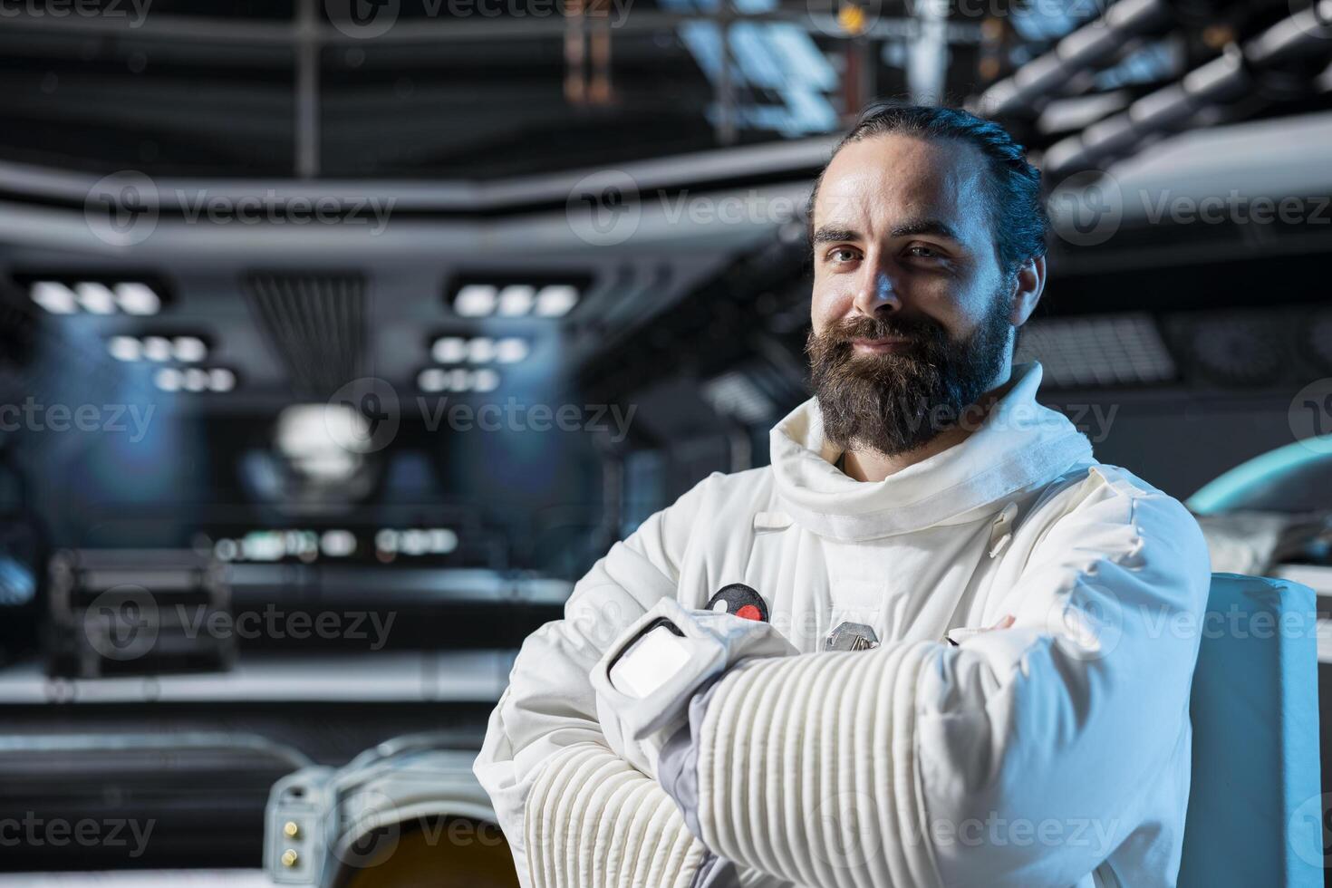 Portrait of astronaut in spacecraft running diagnostics to confirm suit integrity, preparing for mission launch. Cosmonaut exploring deep space testing gear during routine equipment check. photo