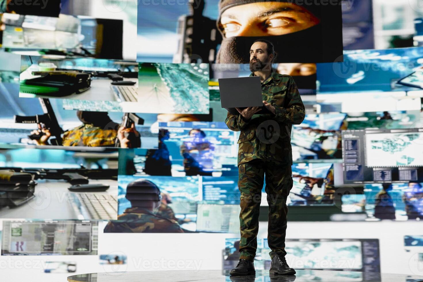 Defense forces officer reviews surveillance and digital systems, getting combat ready with warfare strategies and battlefield details. War planning operations in military control center. photo