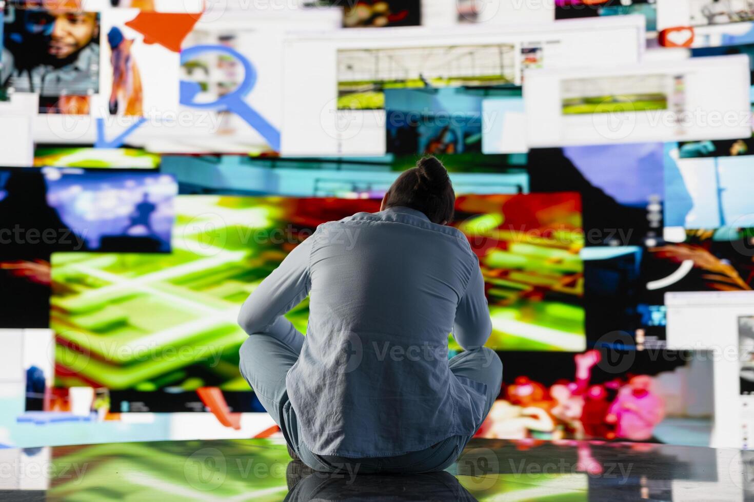Visibly affected guy suffers from social anxiety due to excessive information on online platforms, obsessive social media overuse. Overwhelmed distressed man with low self esteem. photo