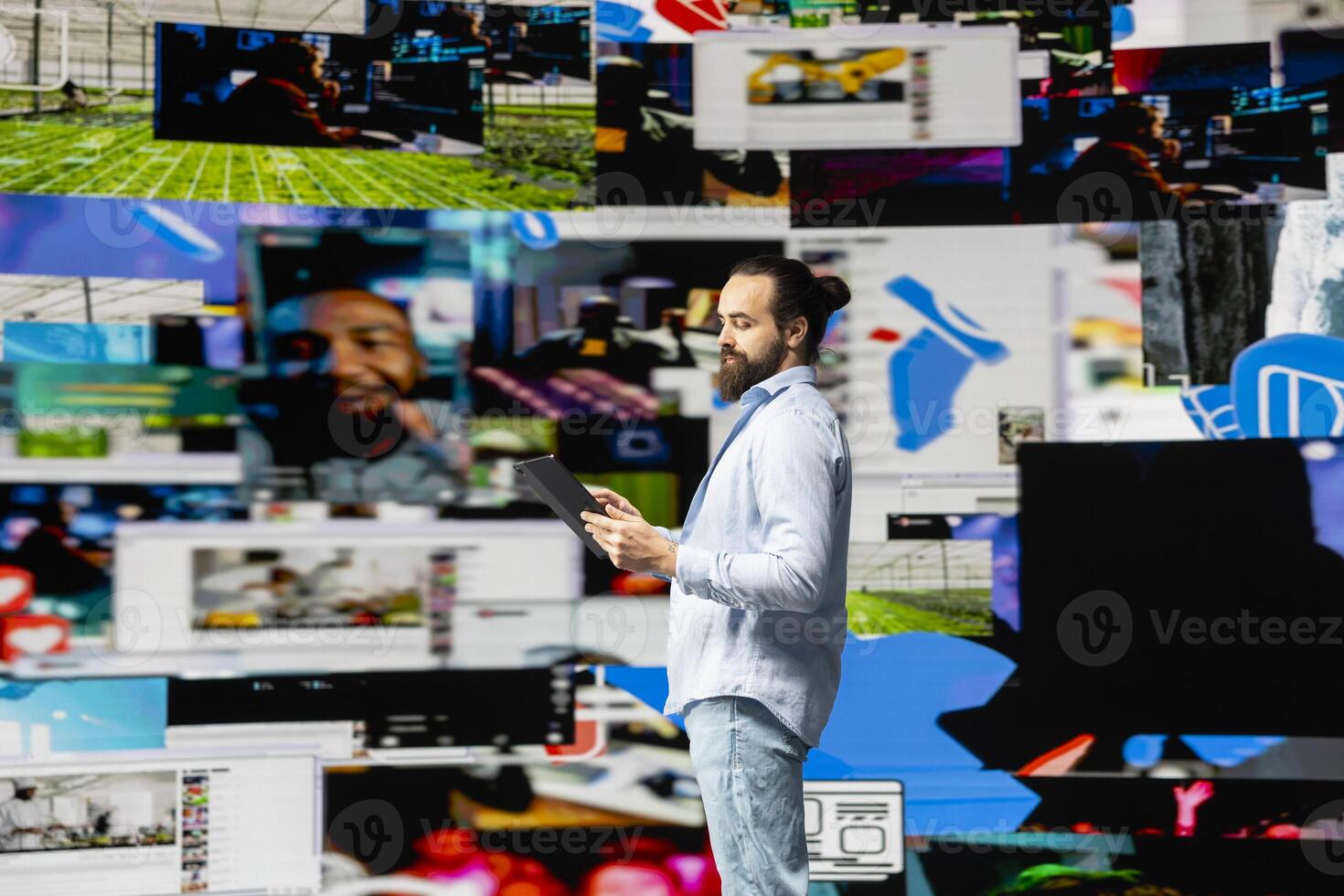 Content creator connecting with a global social media audience through mobile technology, using digital tools for storytelling and branding to build influence, engagement and online presence. photo