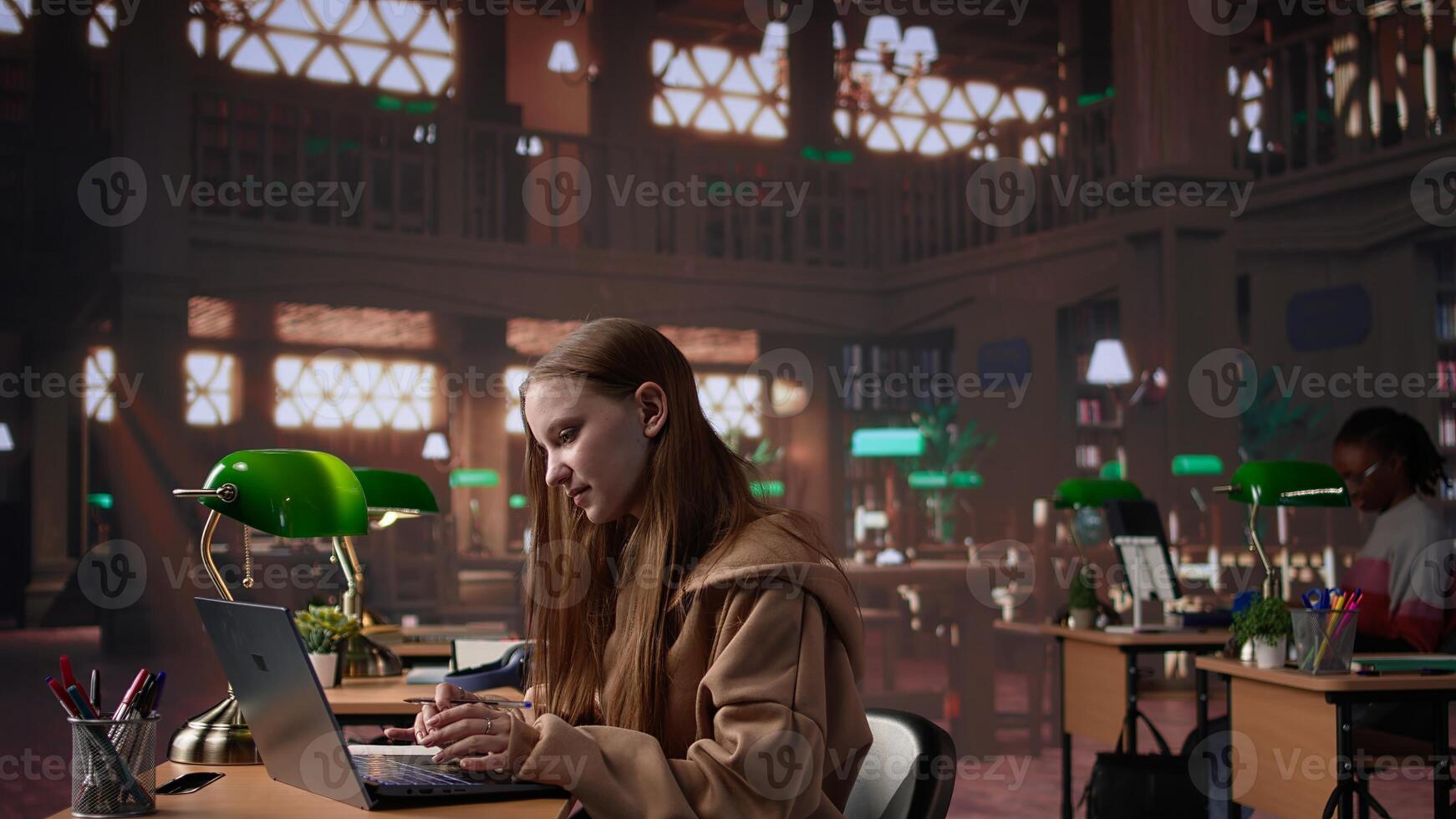 Female student reading and writing detailed notes for exam, studying political science for upcoming lecture at university library. Young adult consults colleague. Camera B. photo