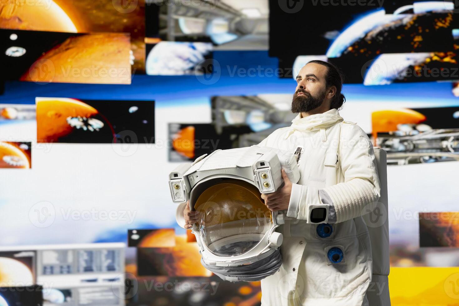 Space man on a cosmic journey mission surrounded by stars and the galaxy, showcasing surreal exploration. Male astronaut with suit and helmet travelling in the universe, outer space adventure. photo