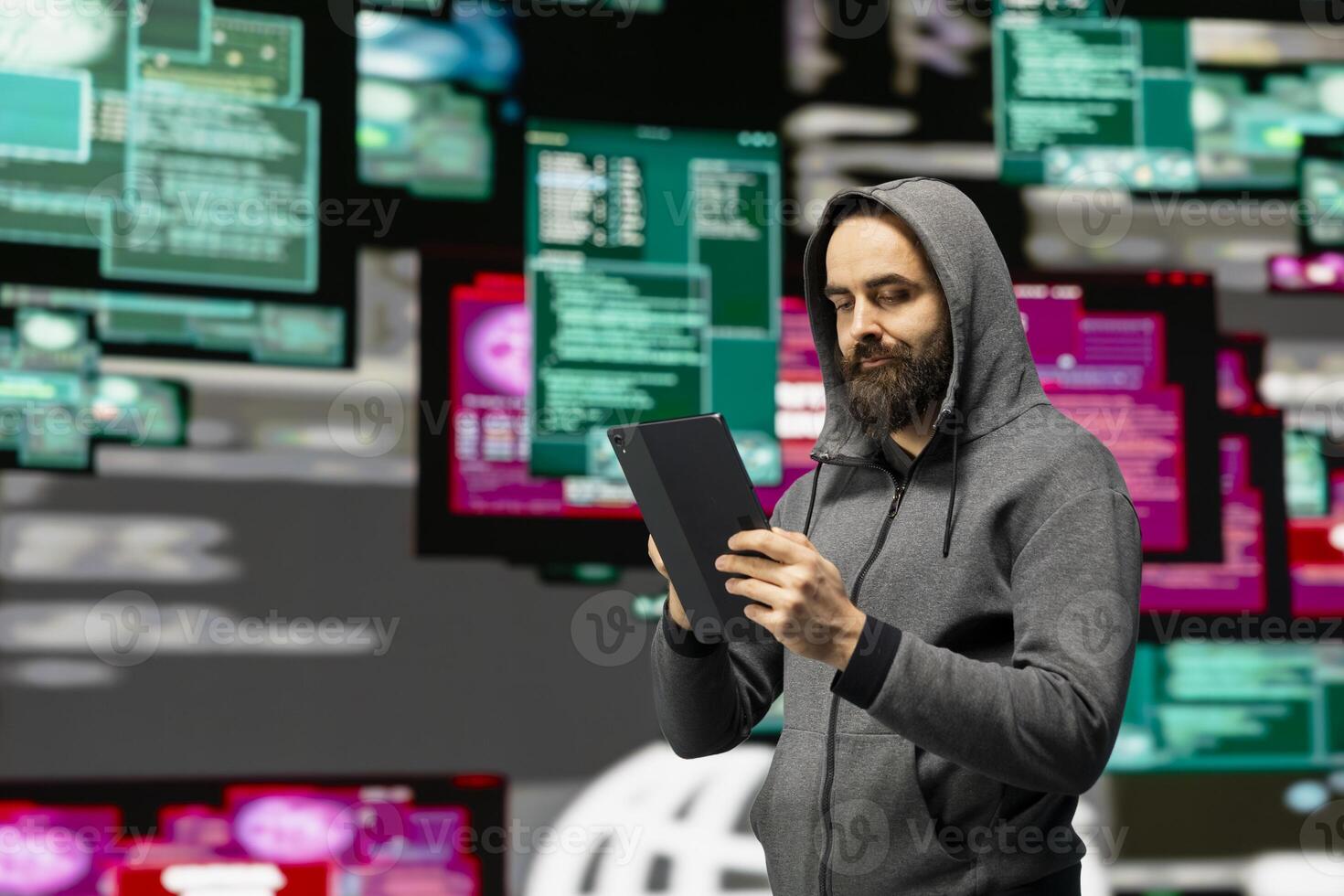 In a dark web illegal setting, hacker typing malicious code to exploit IT security systems and breach firewalls. Operating in stealth mode to expose private data through threat operations. photo
