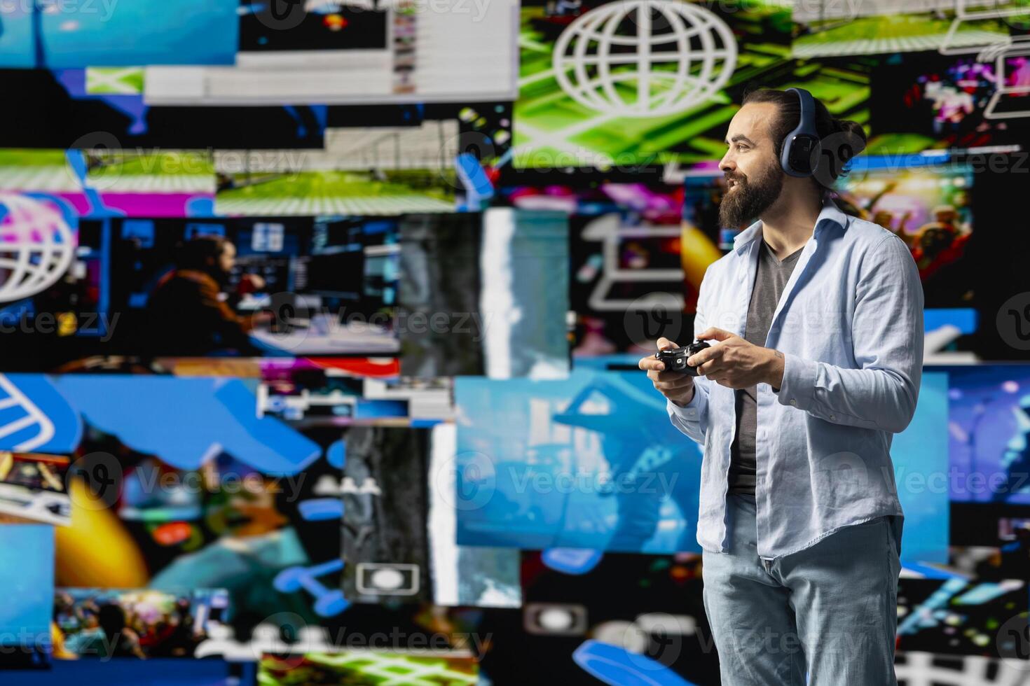 Male influencer checking mobile notifications and visual storytelling, engaging with followers on social network and showcasing creativity. Connected digital world, brand voice. photo