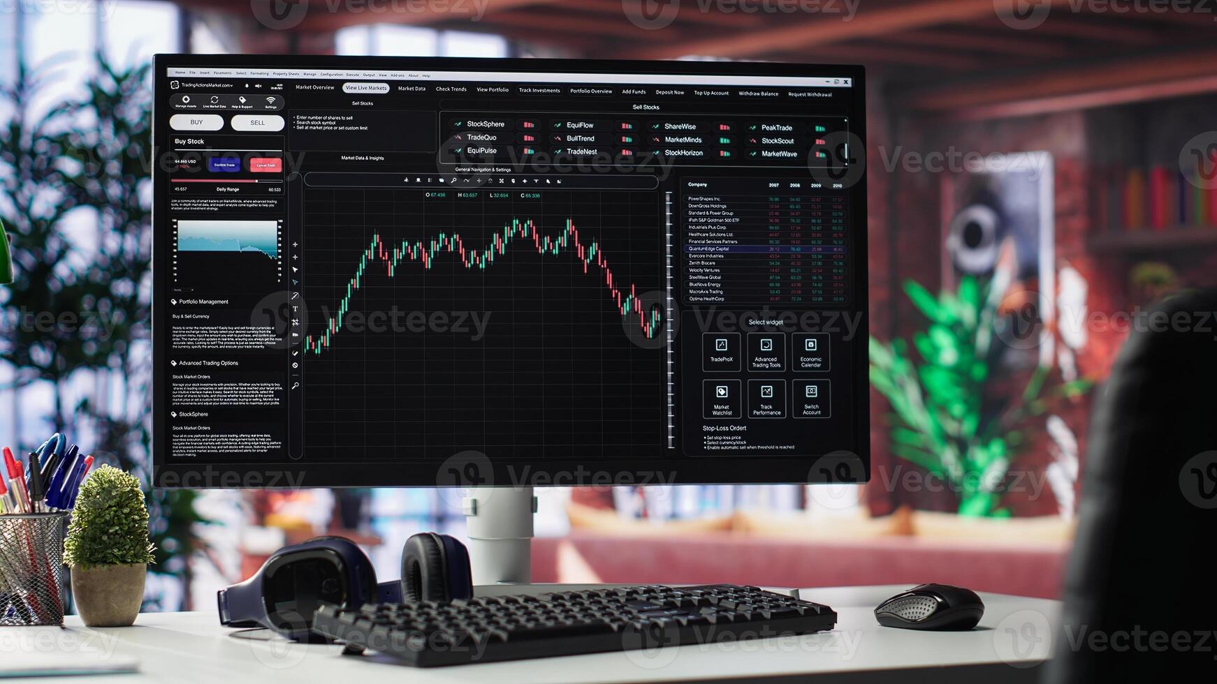 Empty workspace desktop running trading stock market trends in stylish apartment. PC used for monitoring investment numbers and candle stick charts, comfortable environment. photo