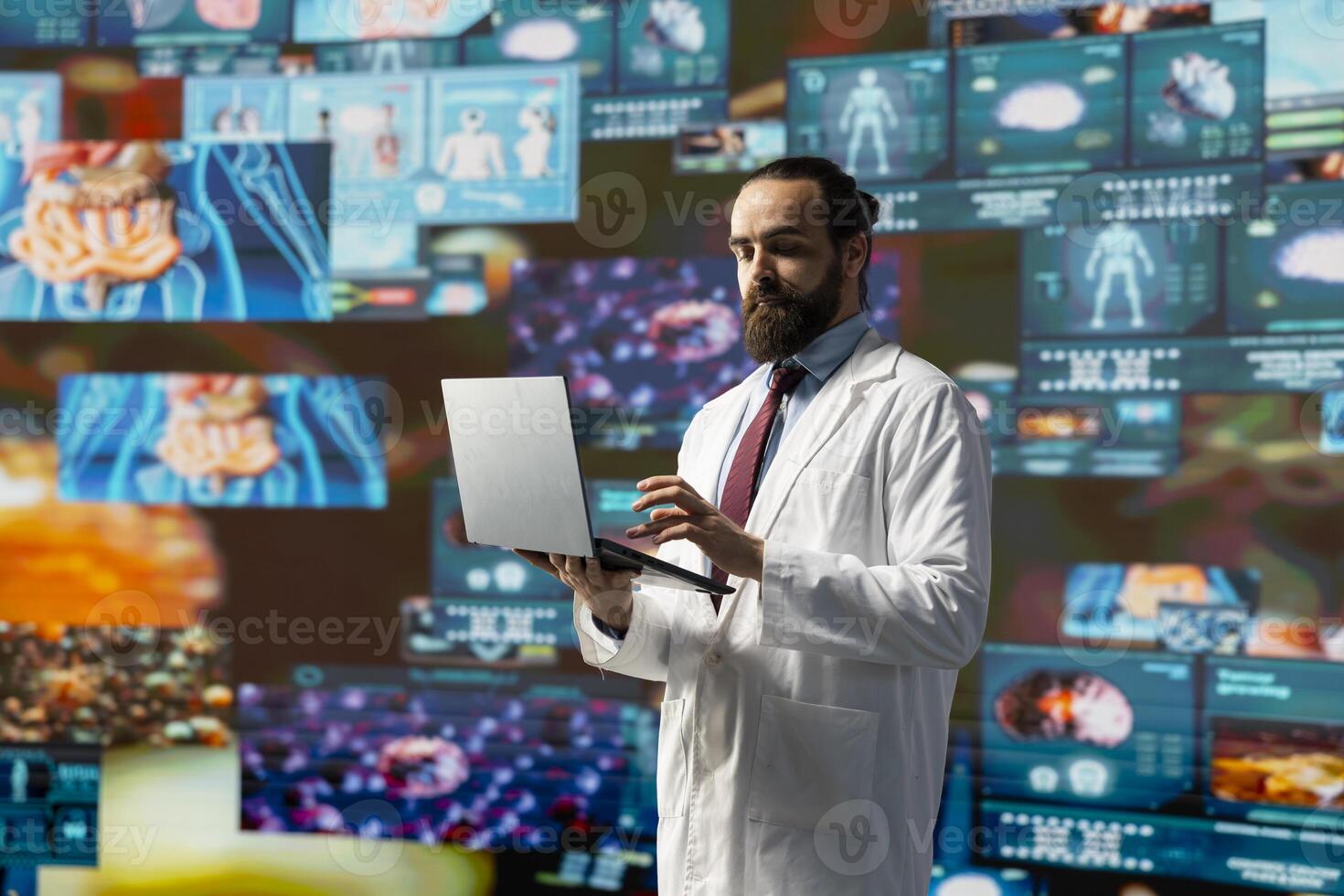 General practitioner leverages digital tools for better diagnostics and patient analysis, reflecting the future of medicine through technology and scientific advancement. Health innovation. photo