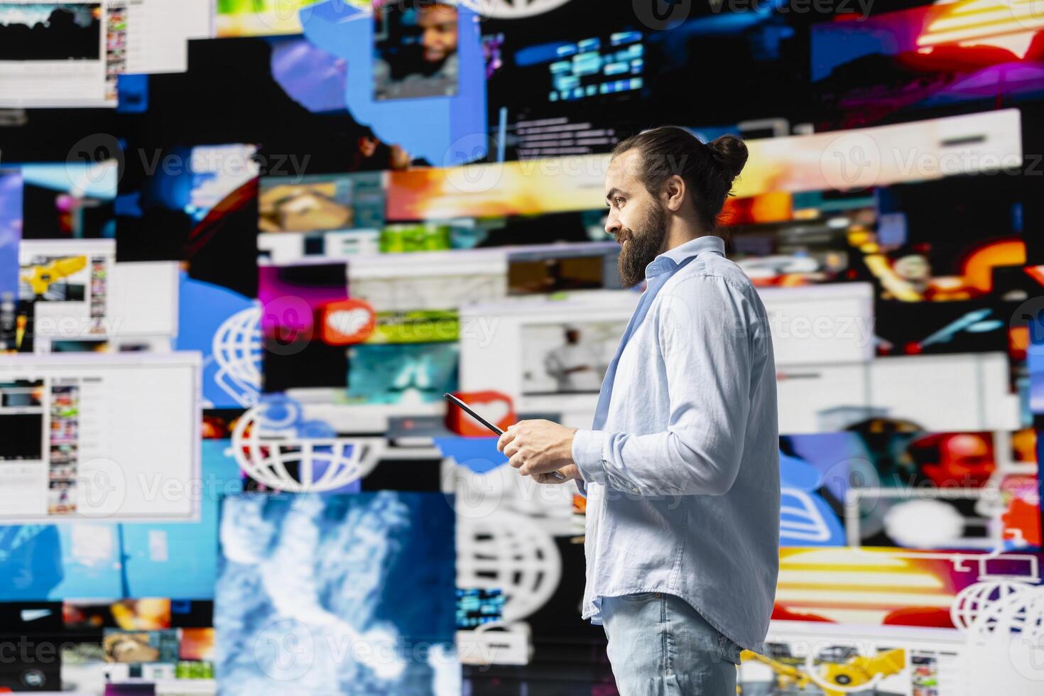 Young influencer connecting on a social network in the digital world, global social media audience. Man investing in tools for storytelling and branding to build influence and engagement. photo