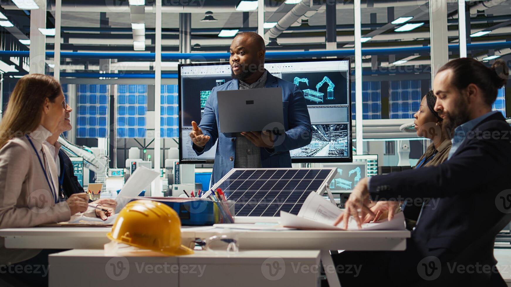 Photovoltaics researchers evaluating solar cells to identify weaknesses and improve production. Solar panels factory experts optimizing tech for better energy absorption, camera A photo
