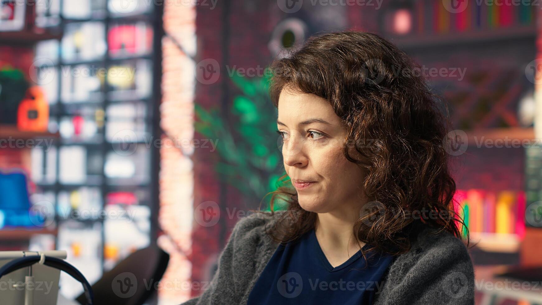 Worker uses AI chatbot system to guide through problem solving tasks, futuristic technology highlights smart algorithms and machine learning. Communication and IT support. Camera B. photo