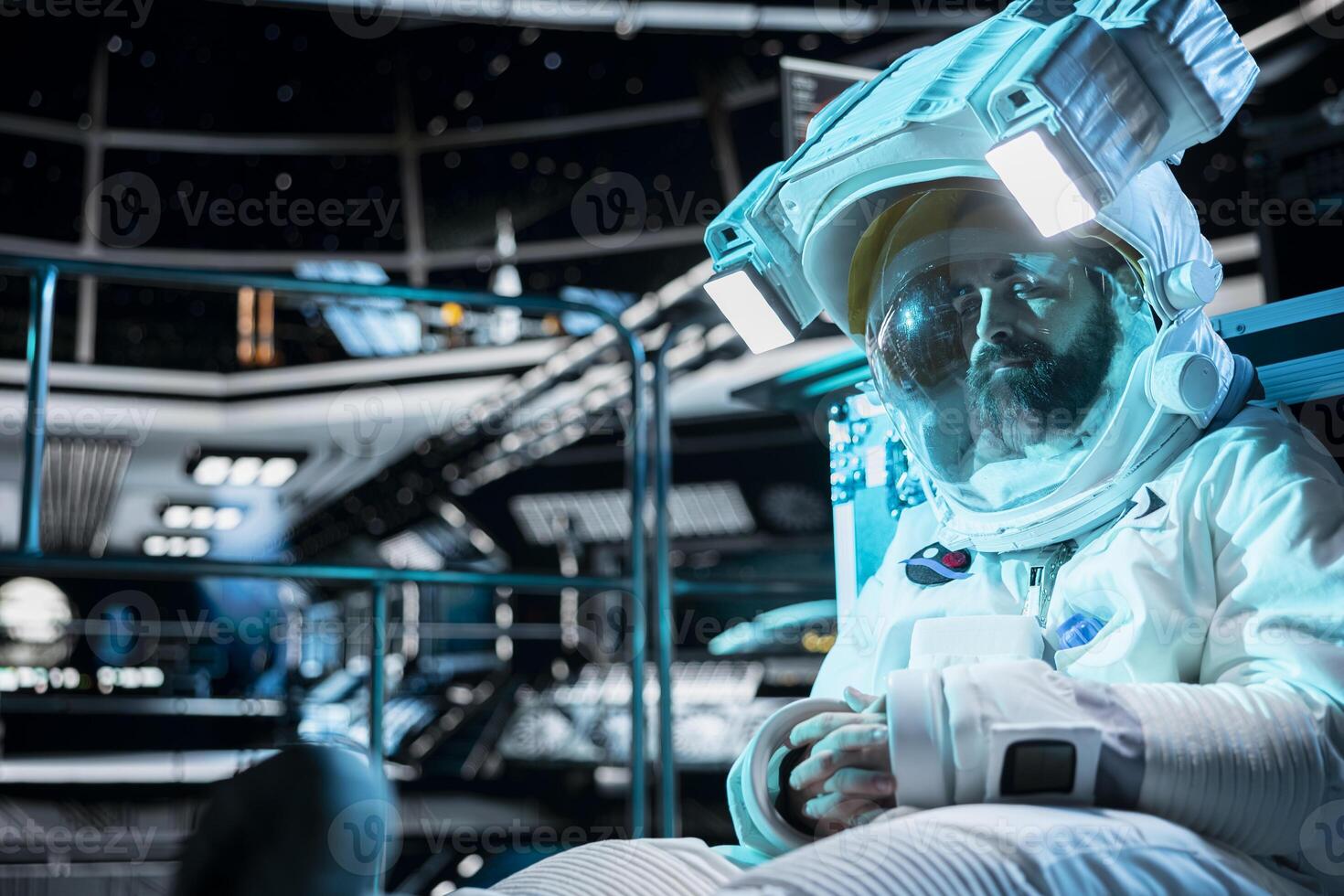 Exhausted cosmonaut sleeping inside spacecraft during extended planetary mission. Tired starship crew member resting on floor while orbital station travels across deep space photo