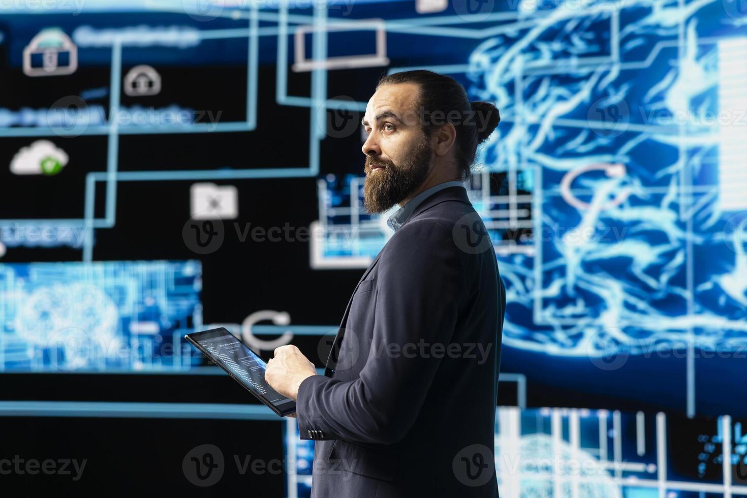 Young entrepreneur works on implementing AI brain system for deep learning, employing neural network and cybernetics for development. Driving smart technology and algorithmic thinking. photo
