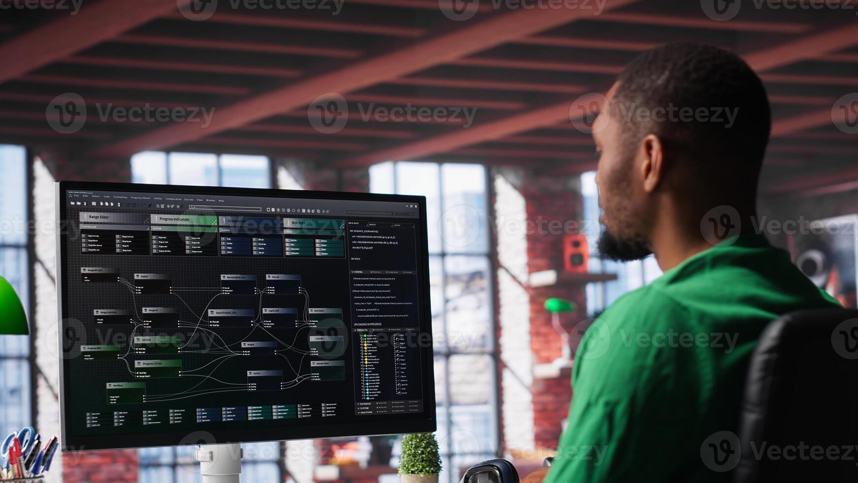 African american software developer does visual coding and creating software, implementing algorithms. IT expert at home working with notes tree and code language, app performance. Camera A. photo