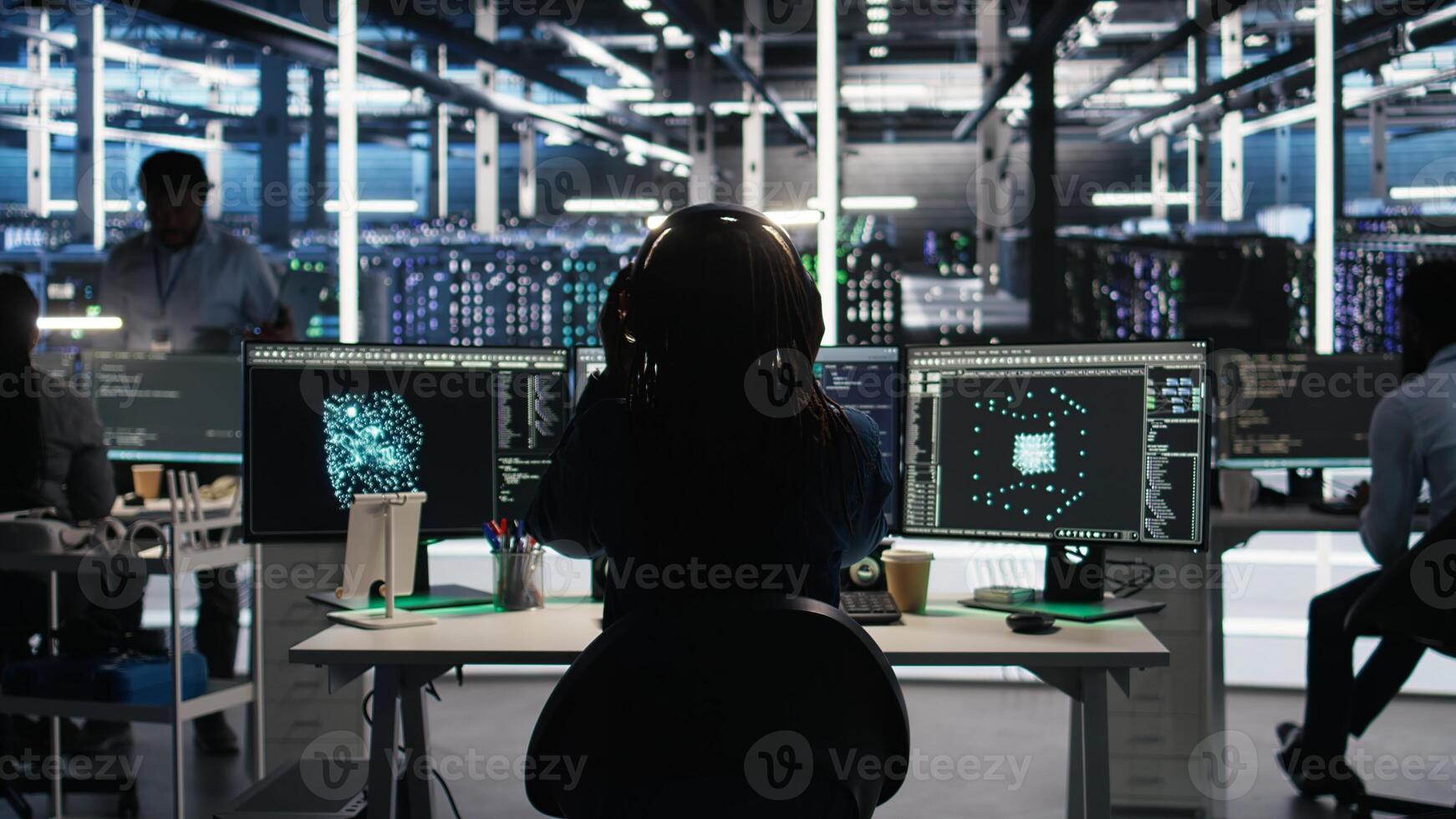 Engineer using algorithms to analyze datasets, putting on headphones. Server farm IT professional listening to music and using artificial intelligence to recognize data patterns, camera A photo