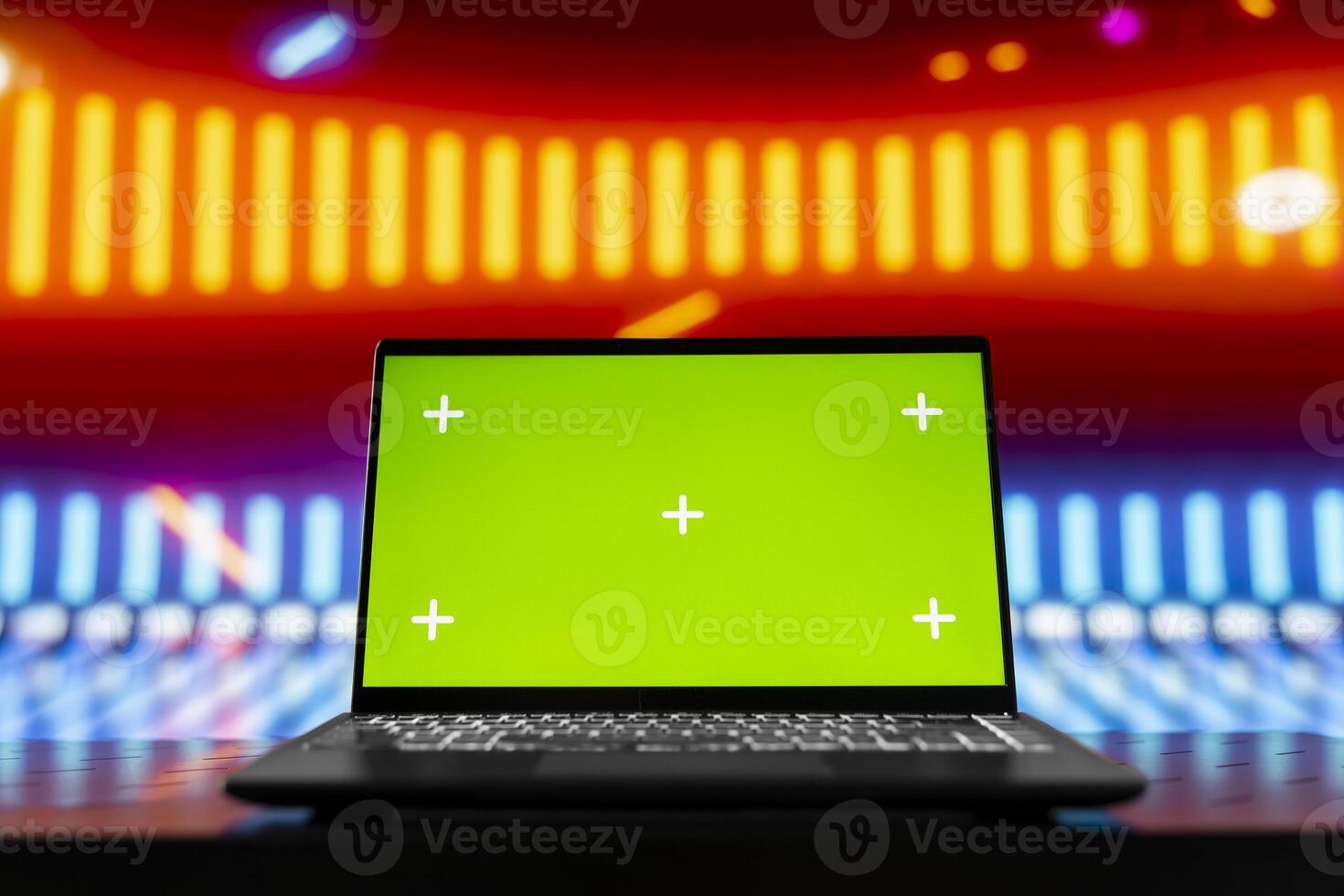 Trendy urban environment filled with neon lights and a chroma key screen, reflecting cyberpunk aesthetics for a digital concept rich in technology, neon glow and artistic street visuals. photo