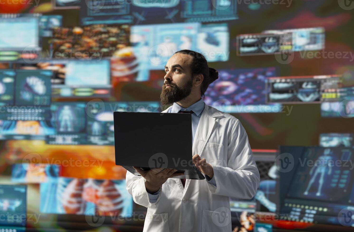 Young medic interacting with virtual health technology for telemedicine, connected systems and smart diagnostics in delivering global healthcare solutions. Biotechnology development. photo