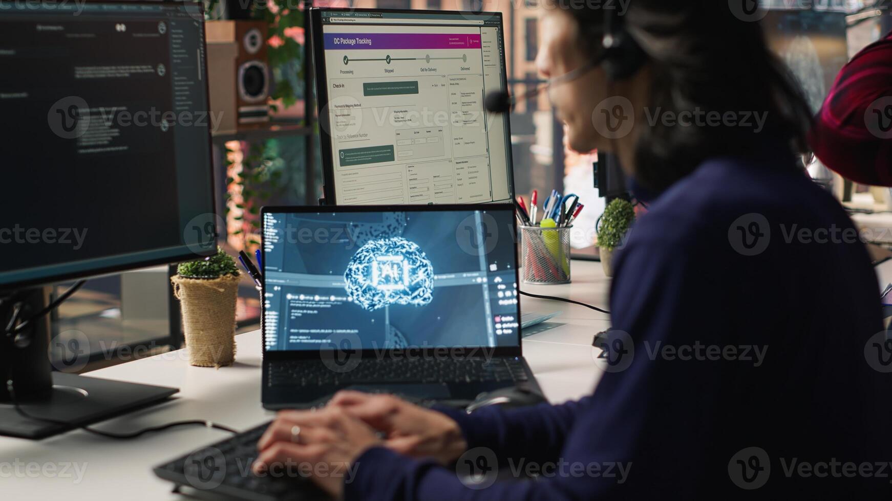 Call center agents track shipments using AI chatbot for help. Customer center workers use artificial intelligence assistance to locate clients packages and provide status updates, camera A photo