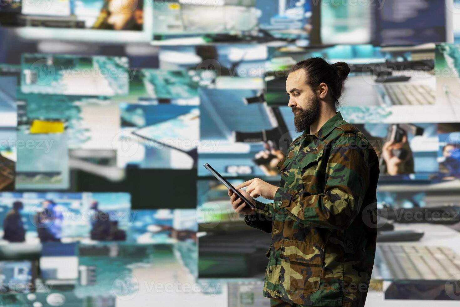 Armed forces soldier gathers surveillance from digital drone systems, preparing for combat with warfare strategies and battlefield details. War planning operations in command center. photo