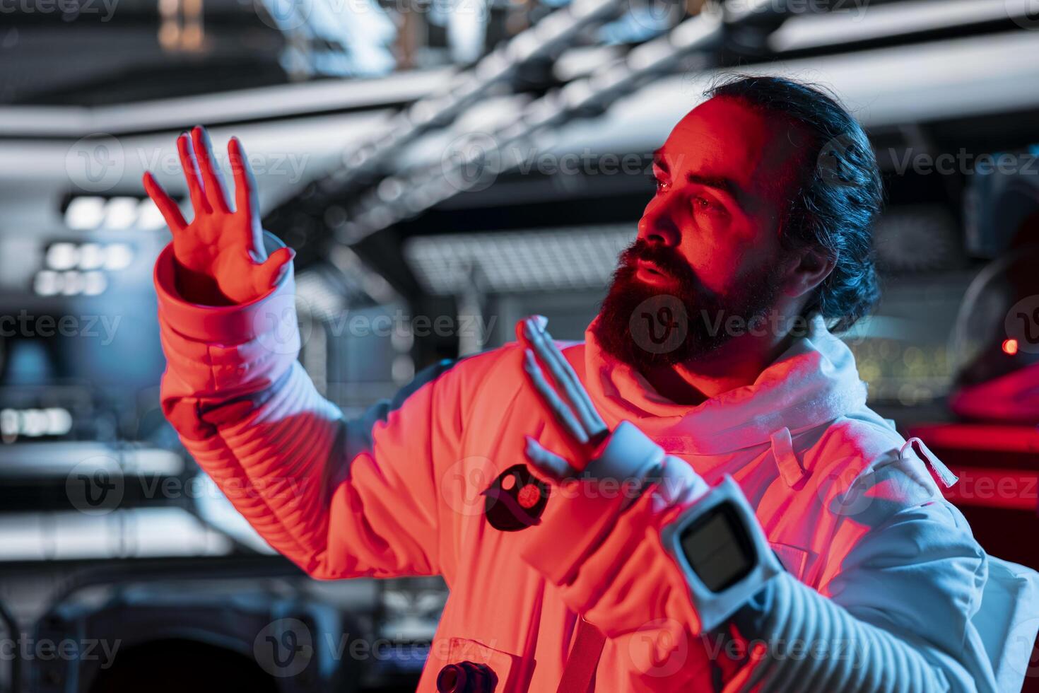 Astronaut raises hand defensively after triggering red light motion alert near restricted zone. Crew member reacts as unknown intruder breaches proximity sensors aboard space station photo