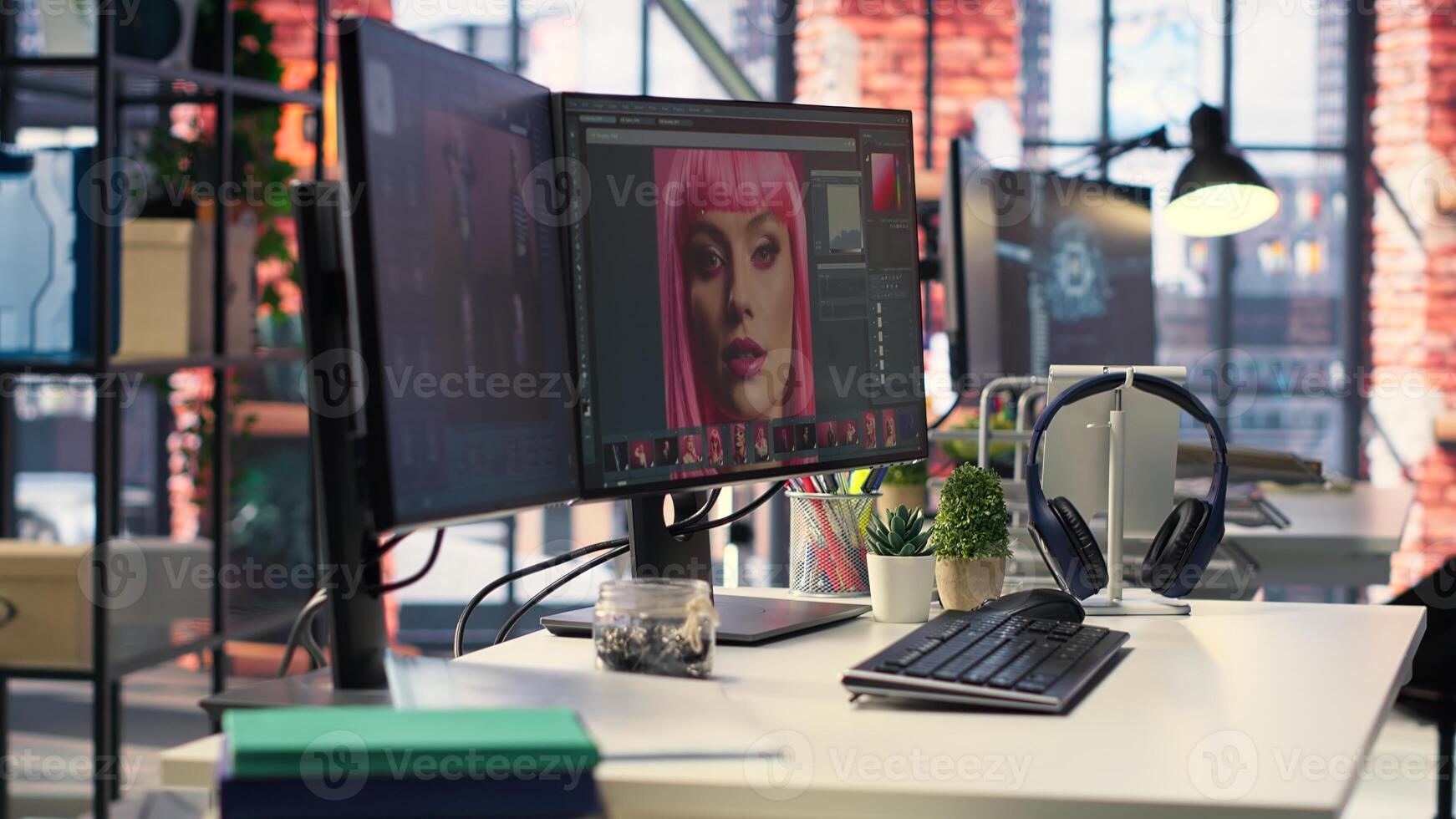 Modern office equipped for digital design and photo editing. Screens show advanced editing software for photographers and designers working on image retouching, contrast adjustments.