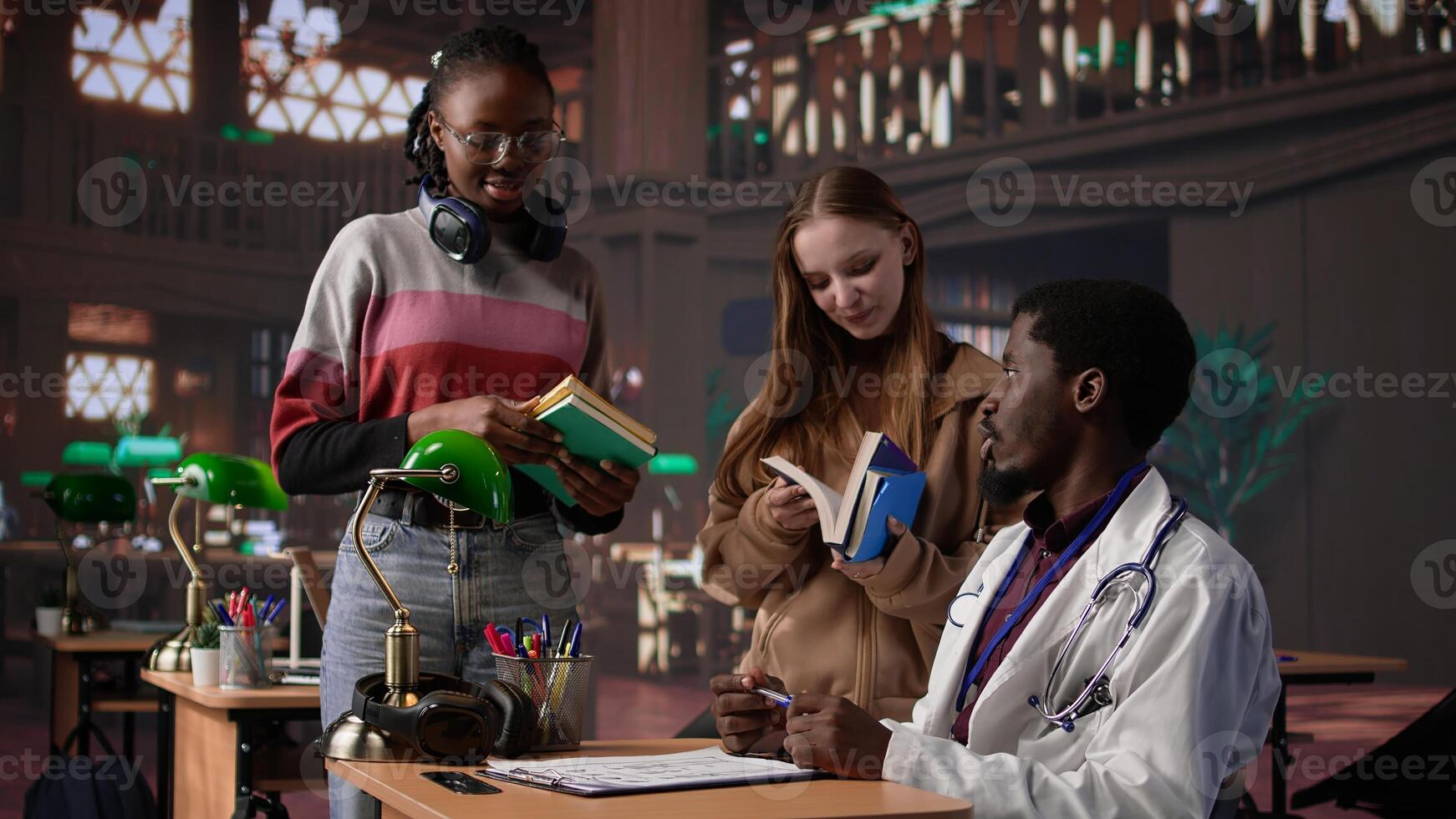 Diverse group of pupils in library discuss with medic resident, preparing for new lecture at med school. Using medical books and materials to gain expertise in microbiology. Camera B. photo
