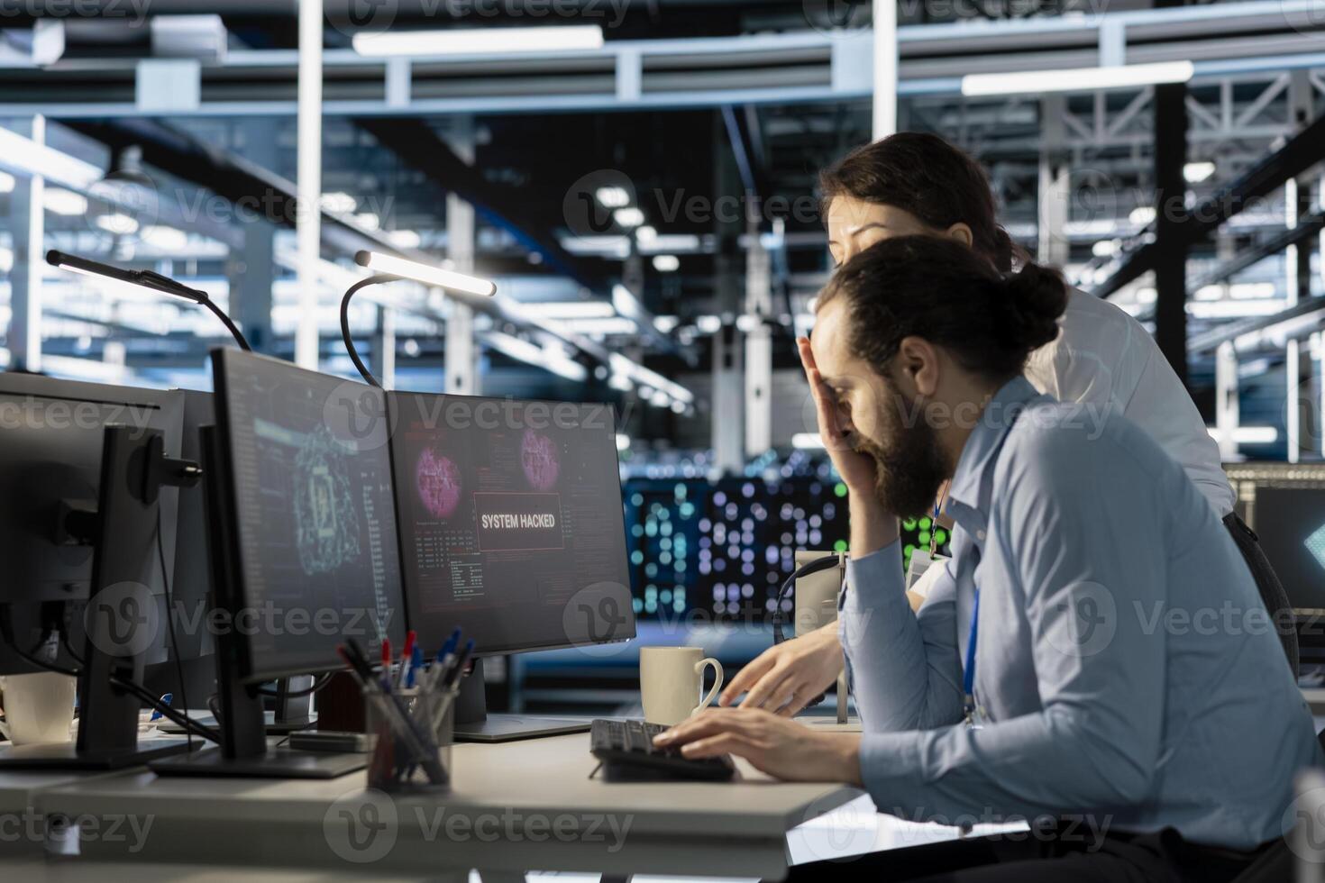 Server room colleagues cooperate to eliminate threats using artificial intelligence tools. Data center coworkers doing brainstorming, reviewing AI systems detecting irregular network activity patterns photo