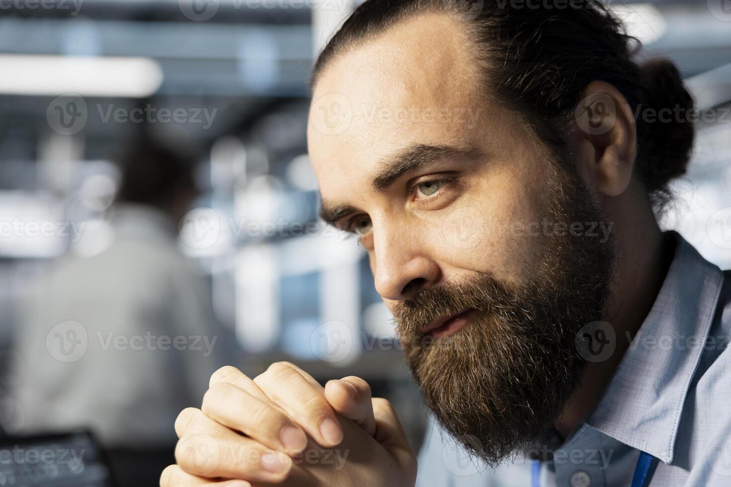 Close up of technician in data center analyzing software logs, optimizing storage systems. Engineer working in server room, inspecting resource utilization, managing application efficiency photo