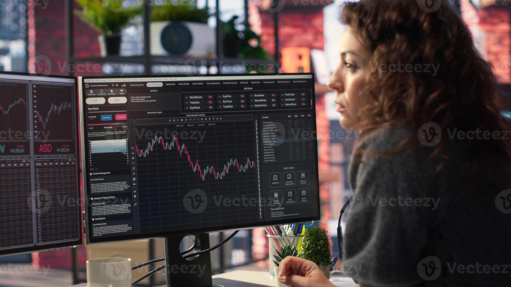 Stock market investor monitors digital charts and candlestick patterns on financial interface. PC displays trading statistics, make data driven investment decisions and manage risks. Camera B. photo