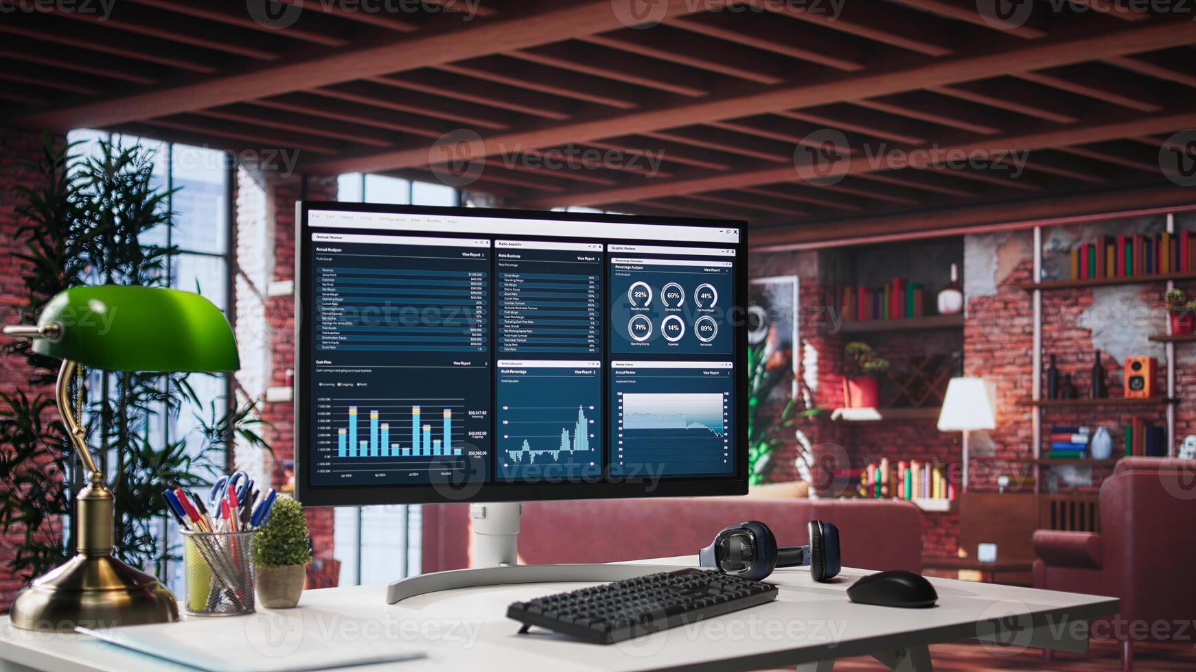 Desktop PC on wooden desk showcases infographics and client reach data for professional use, analytics on display. Stylish, organized workspace in bright luxurious loft home. photo