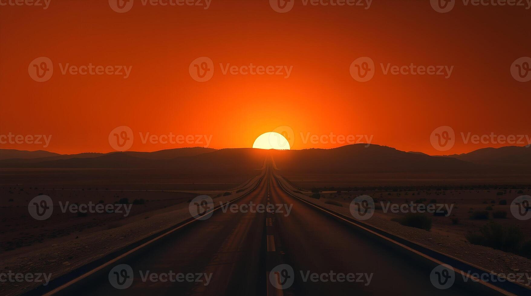 A long road in the desert with the sun setting photo