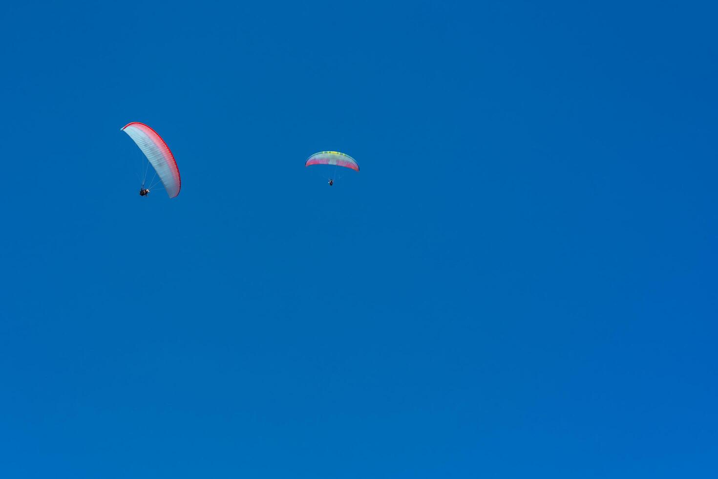 Two paragliders soaring in clear blue sky on a sunny day. photo