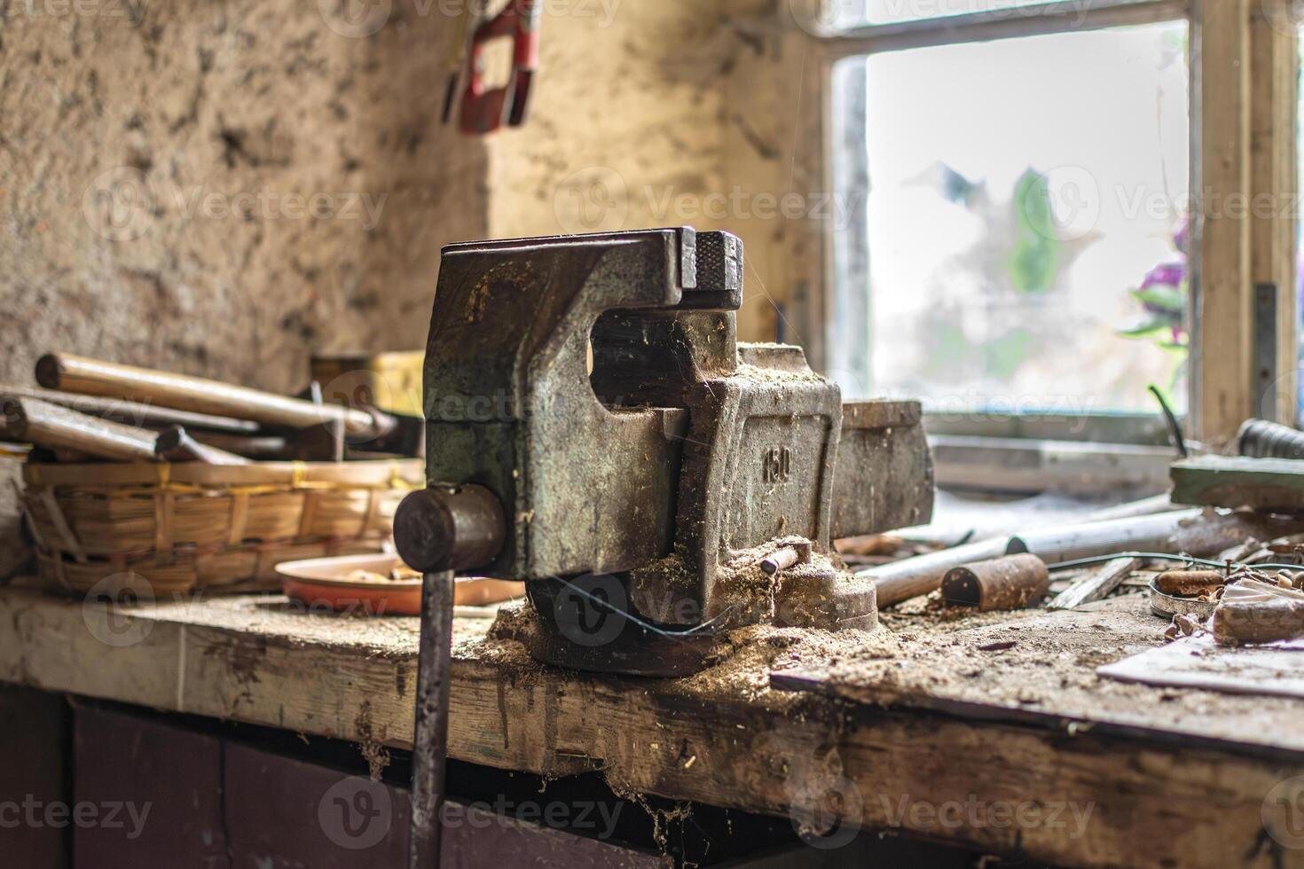 Old workshop with vintage hand tools, real life photo, iron photo