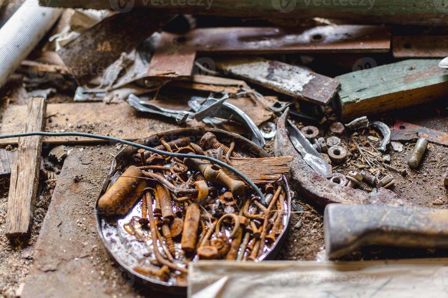 Old workshop with vintage hand tools, real life photo, antique photo