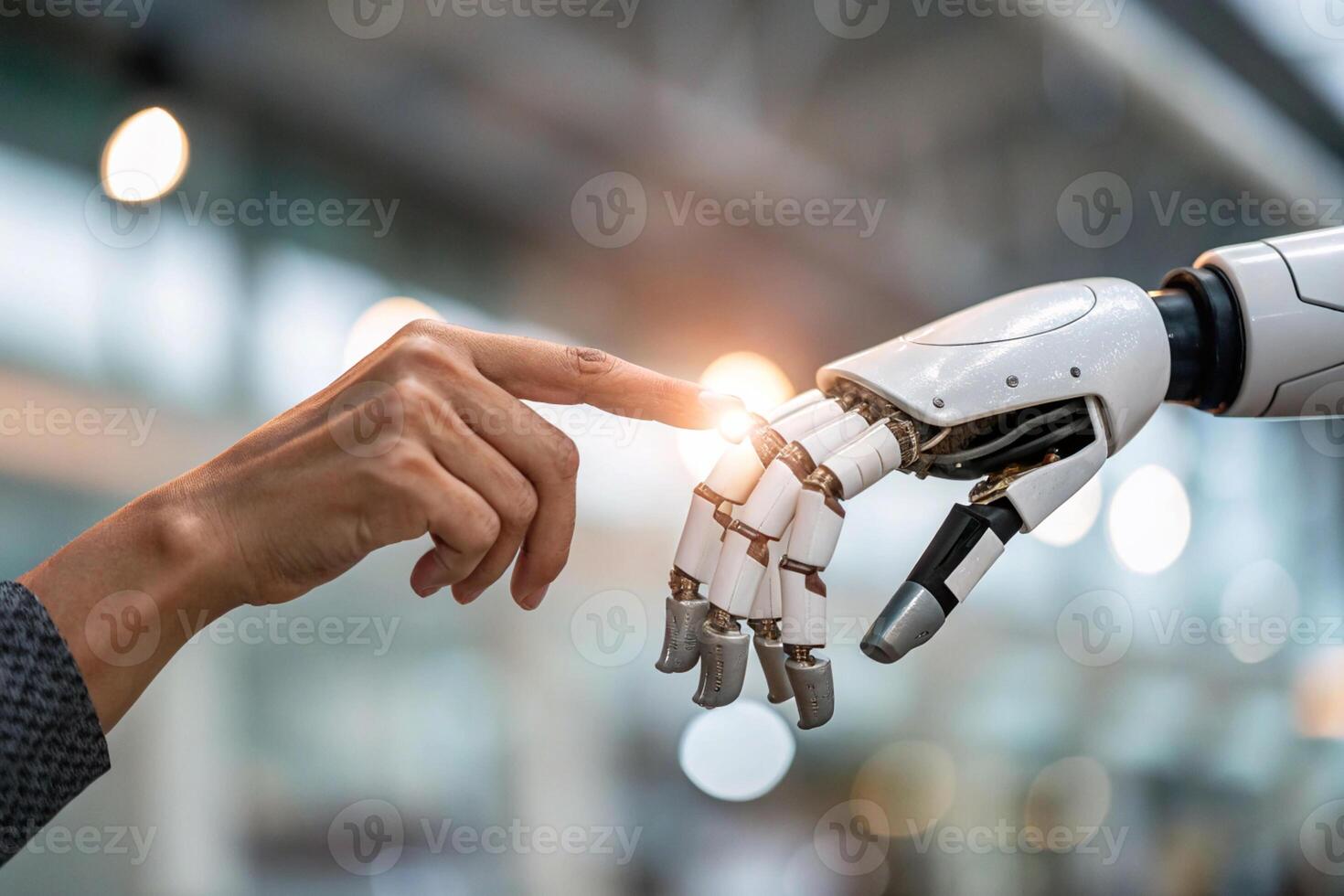 The concept of transition from humans to artificial intelligence and robots. The robot arm and the human hand touch each other. photo