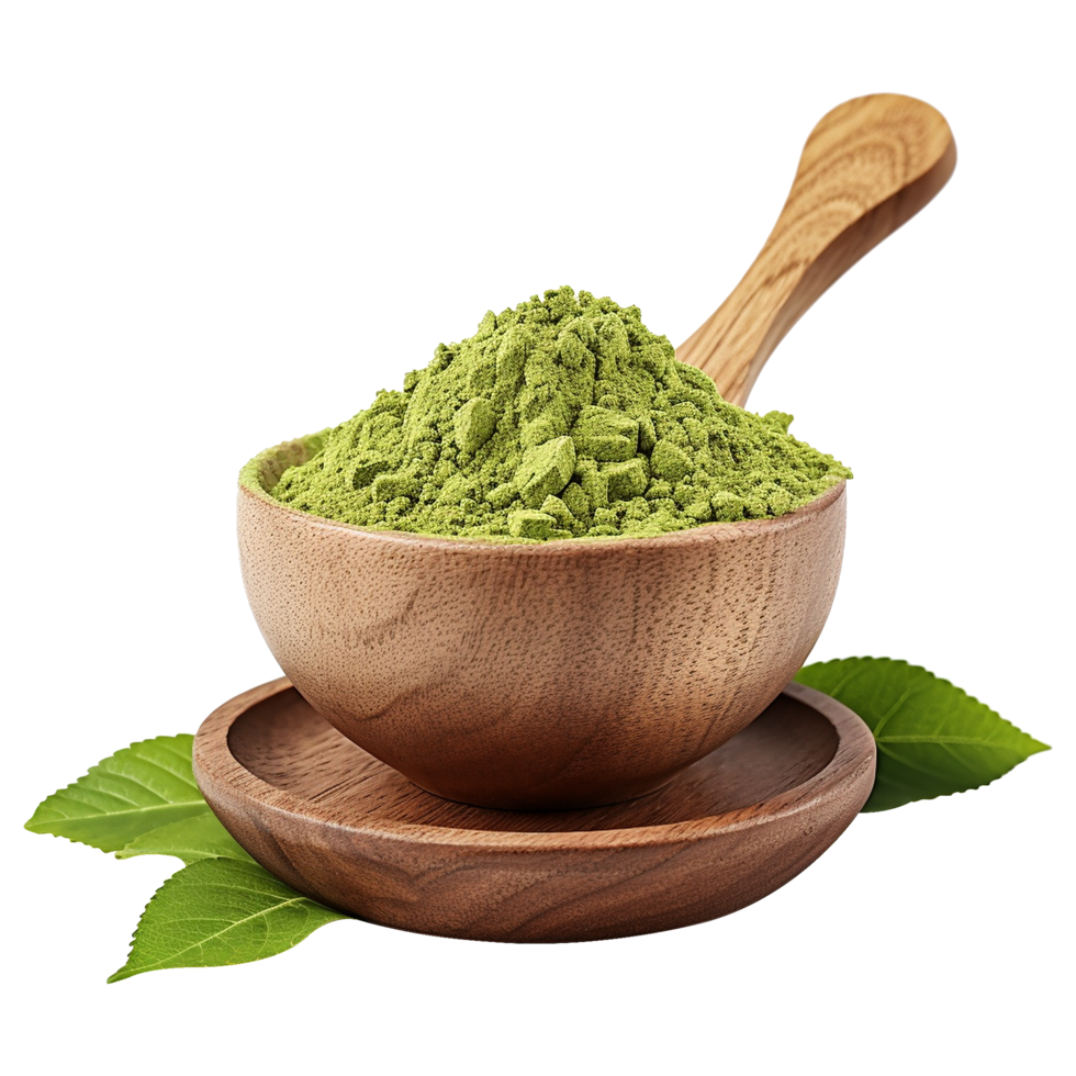 Ceremonial matcha green tea powder inside a crafted wooden bowl on clear background png