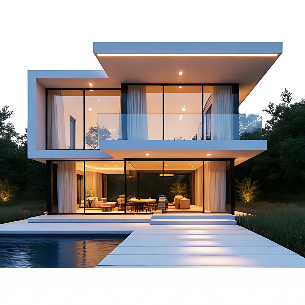 Transparent Modern Mansion Floor-to-Ceiling Glass Walls with Steel Frame Structure png