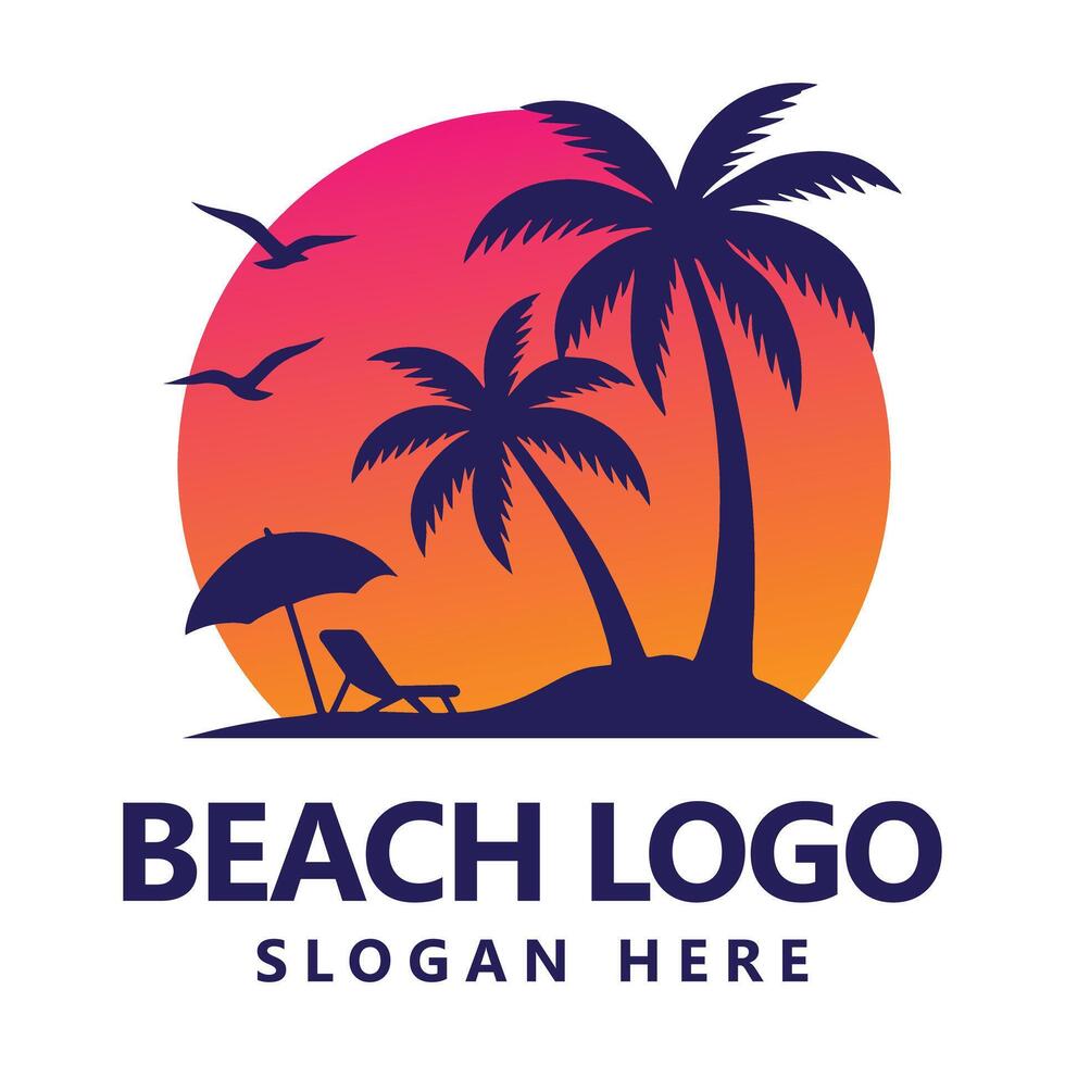 Beach Logo Design with Palm Tree Birds Umbrella and Sunset Background vector