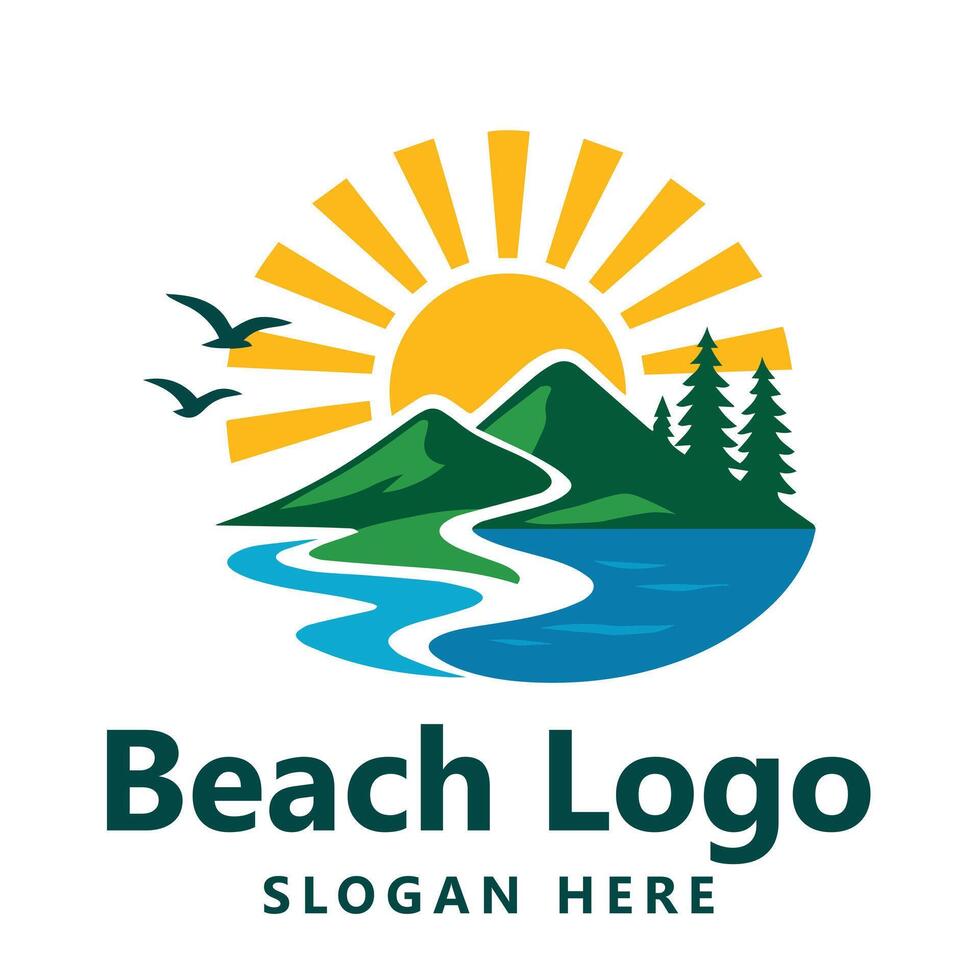 Beach Logo with Sun Mountains River Tree and Birds vector